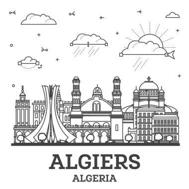 Cezayir şehir silueti, beyaza izole edilmiş modern ve tarihi binalar. Vektör çizimi. Şehir simgeleriyle Cezayir.