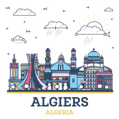 Cezayir şehir siluetinin ana hatları beyaz renkli modern ve tarihi binalar. Vektör çizimi. Şehir simgeleriyle Cezayir.