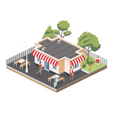 Masaları ve bankları olan Isome kahvecisi. Beyaz arka planda izole edilmiş nesneler. İnsanlar ve ağaçların olduğu şehir manzarası. Vektör illüstrasyonu.