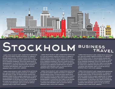 Stockholm şehrinde gökyüzü mavi renkli binalar ve kopyalama alanı var. Vektör çizimi. Stockholm şehir simgeleriyle dolu. Modern mimariyle iş ve turizm kavramı.
