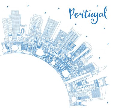 Portekiz. Blue Buildings ve Copy Space ile ana hatlı City Skyline. Vektör İllüstrasyonu. Modern ve Tarihsel Mimarlık kavramı. Tarihi yerleri olan Portekiz şehri manzarası. Porto ve Lizbon.