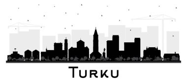 Turku Finland şehrinin silueti siyah binalar beyaz üzerine izole edilmiştir. Vektör çizimi. Turku şehir simgeleriyle dolu. Modern ve tarihi mimariyle iş ve turizm kavramı.