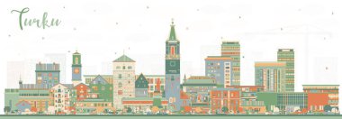 Turku Finland şehrinin gökdelenleri renkli binalarla kaplıdır. Vektör çizimi. Turku şehir simgeleriyle dolu. Modern ve tarihi mimariyle iş seyahati ve turizm kavramı.