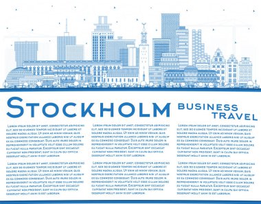 Stockholm şehrinin ana hatları mavi binalar ve fotokopi alanlarıyla çizilmiş. Vektör çizimi. Stockholm şehir simgeleriyle dolu. Modern ve tarihi mimariyle iş ve turizm kavramı.