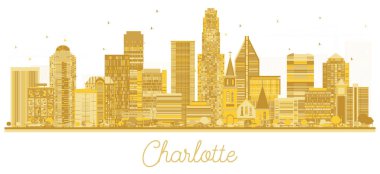 Charlotte NC şehir silueti, beyaza izole edilmiş altın binalar. Vektör çizimi. Modern mimariyle iş seyahati ve turizm kavramı. Charlotte şehir simgeleriyle.