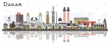 Dakar Senegal City Skyline Renk Binaları ve Beyaz 'a izole edilmiş yansımaları ile. Vektör İllüstrasyonu. Tarihi Mimariyle İş Seyahati ve Kavram. Simgeli Dakar Şehir Manzarası. 