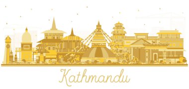Kathmandu Nepal şehrinin silueti beyaza izole edilmiş altın binalarla dolu. Vektör çizimi. Tarihi mimariyle iş seyahati ve turizm kavramı. Katmandu şehir simgeleri ile.