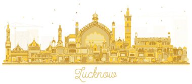 Lucknow India şehrinin silueti beyaza izole edilmiş altın binalarla dolu. Vektör çizimi. Tarihi mimariyle iş seyahati ve turizm kavramı. Tarihi işaretli Lucknow şehir manzarası.