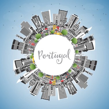 Portekiz. Gray Buildings, Blue Sky ve Copy Space ile City Skyline. Vektör İllüstrasyonu. Modern ve Tarihsel Mimarlık kavramı. Tarihi yerleri olan Portekiz şehri manzarası. Porto ve Lizbon.