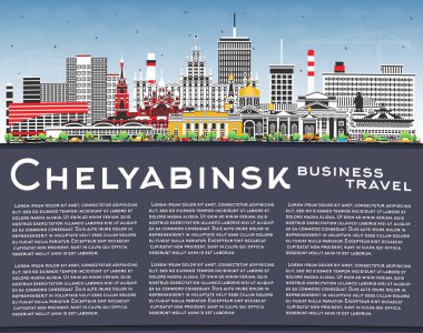 Chelyabinsk Rusya şehri gökyüzü mavi renkli binalar ve kopyalama alanı ile ufuk çizgisi. Vektör çizimi. Chelyabinsk şehir simgeleriyle dolu. Modern ve tarihi mimariyle turizm kavramı.