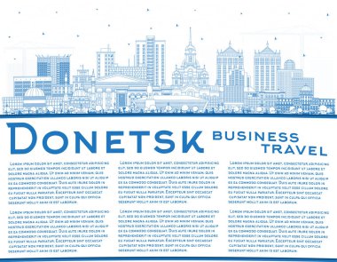 Donetsk şehrinin ana hatları mavi binalar ve kopyalama alanlarıyla çizilmiş. Vektör çizimi. Donetsk şehir simgeleriyle dolu. Modern ve tarihi mimariyle iş seyahati ve turizm kavramı.