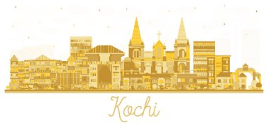 Kochi India City Skyline silueti ve beyaza izole edilmiş altın binalar. Vektör İllüstrasyonu. Tarihi Mimariyle İş Seyahati ve Turizm Konsepti. Simgeli Kochi Şehir Manzarası.
