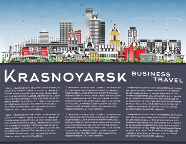 Krasnoyarsk Rusya şehir silueti renkli binalar, mavi gökyüzü ve kopyalama alanı ile. Vektör çizimi. Krasnoyarsk şehir simgeleriyle dolu. Modern ve tarihi mimariyle turizm kavramı.