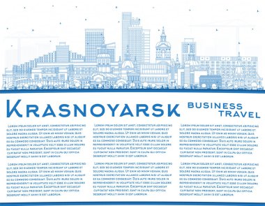 Ana hatlarıyla Krasnoyarsk Rusya şehir silueti mavi binalar ve kopyalama alanı ile. Vektör çizimi. Krasnoyarsk şehir simgeleriyle dolu. Modern ve tarihi mimariyle turizm kavramı.