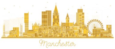 Manchester şehrinin silueti ve White 'da izole edilmiş altın binalar. Vektör İllüstrasyonu. Modern Mimariyle İş Seyahatleri ve Turizm Konsepti. Tarihi Simgeli Manchester Şehri.