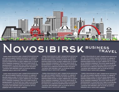 Novosibirsk Rusya şehri gökyüzü mavi renkli binalar ve kopyalama alanı ile ufuk çizgisi. Vektör çizimi. Novosibirsk şehir simgeleriyle dolu. Modern ve tarihi mimari ile iş kavramı.