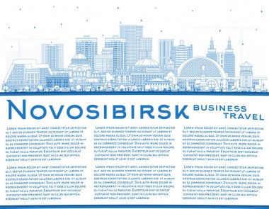 Novosibirsk Rusya şehir silueti mavi binalar ve kopyalama alanı ile. Vektör çizimi. Novosibirsk şehir simgeleriyle dolu. Modern ve tarihi mimari ile iş kavramı.