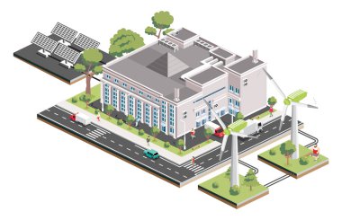 Güneş panelleri ve rüzgar türbinli Isometric alışveriş merkezi. Bilgi elemanı. Süpermarket binası. Vektör çizimi. Beyaz arka planda yeşil yapraklı insanlar, kamyonlar ve ağaçlar.