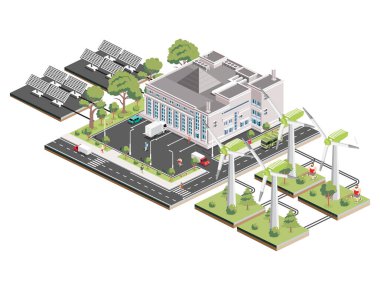 Güneş panelleri ve rüzgar türbinli Isometric alışveriş merkezi. Bilgi elemanı. Süpermarket binası. Vektör çizimi. Beyaz arka planda yeşil yapraklı insanlar, kamyonlar ve ağaçlar.