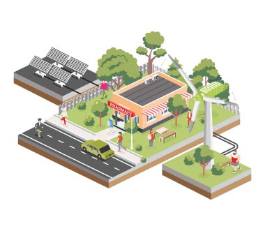 Güneş panelleri ve rüzgar türbinli Isometric eczane binası. Yeşil çevre dostu ev. Bilgi elemanı. Vektör çizimi. Yeşil ağaçlar. Eczane eczanesinin dışı..