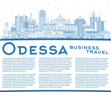Odessa şehrinin ana hatları mavi binalar ve kopyalama alanlarıyla çizilmiş. Vektör çizimi. Odesa şehir simgeleriyle dolu. Modern ve tarihi mimariyle iş seyahati ve turizm kavramı.