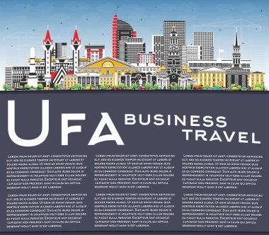 Ufa Rusya şehri gökyüzü mavi renkli binalar ve kopyalanmış uzay ile ufuk çizgisi. Vektör çizimi. Ufa şehir simgeleriyle dolu. Modern ve tarihi mimariyle iş seyahati ve turizm kavramı.