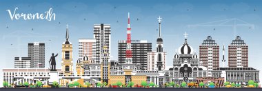 Voronezh Rusya şehri mavi gökyüzü ve renkli binalar ile ufuk çizgisi. Vektör çizimi. Voronezh şehir simgeleriyle dolu. Modern ve tarihi mimariyle iş seyahati ve turizm kavramı.