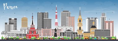 Perma Rusya şehrinde gökyüzü mavi ve renkli binalar var. Vektör çizimi. Şehir simgeleriyle permalı. Modern ve tarihi mimariyle iş seyahati ve turizm kavramı.