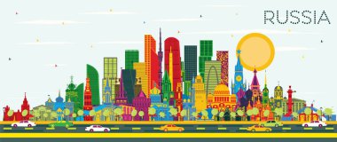 Renkli binaları ve Blue Sky 'ı olan Rusya Şehri Skyline. Vektör İllüstrasyonu. Tarihi Mimariyle Turizm Konsepti. Tarihi yerleri olan Rusya Şehri manzarası. Moskova. Aziz Petersburg. Yekaterinburg.