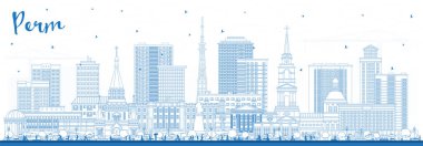 Perma Rusya şehrinin ana hatları mavi binalarla çizilmiş. Vektör çizimi. Şehir simgeleriyle permalı. Modern ve tarihi mimariyle iş seyahati ve turizm kavramı.