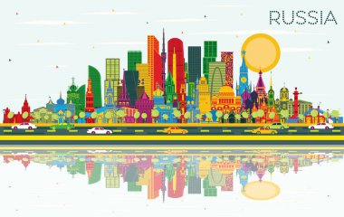 Renkli binaları, mavi gökyüzü ve yansımaları olan Rusya Şehri Skyline. Vektör İllüstrasyonu. Tarihi Mimariyle Turizm Konsepti. Tarihi yerleri olan Rusya Şehri manzarası. Moskova. Saint Petersburg.