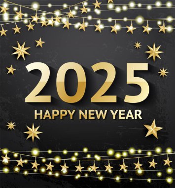 Mutlu yıllar 2025. Siyah arka planda neon renkli çelenk ve altın yıldızlı tebrik kartı. Renkli parıltılarla süslenmiş. Vektör illüstrasyonu.