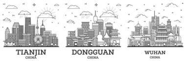 Dongguan, Wuhan ve Tianjin China City Skyline 'ın ana hatları Modern Binalar ile çevrilidir. Yer İmlerine sahip şehir manzarası.