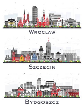 Szczecin, Bydgoszcz ve Wroclaw Poland City Skyline seti. Renkli binalar beyaza izole edilmiş. Yer İmlerine sahip şehir manzarası.