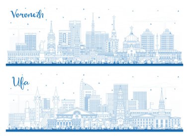 Ufa ve Voronezh Rusya şehir silueti mavi binalarla çevrili. Şehir simgeleriyle dolu. Modern ve tarihi mimariyle iş seyahati ve turizm kavramı.