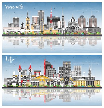 Ufa ve Voronezh Rusya şehir silueti renkli binalar, mavi gökyüzü ve yansımalarla kurulmuştur. Şehir simgeleriyle dolu. Modern ve tarihi mimariyle iş ve turizm kavramı.