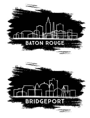Bridgeport Connecticut ve Baton Rouge Louisiana City Skyline Silhouette setleri. El çizimi çizimi. Yer İmlerine sahip şehir manzarası.