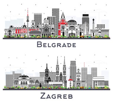 Zagreb ve Belgrad City Skyline 'ı beyaza izole edilmiş Renkli Binalar ile kurdular. Yer İmlerine sahip şehir manzarası.