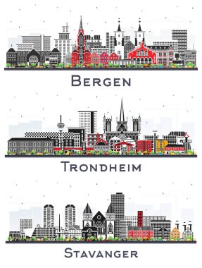 Trondheim, Stavanger ve Bergen Norveç Skyline seti. Renk Binaları beyaza izole edilmiş. Yer İmlerine sahip şehir manzarası.