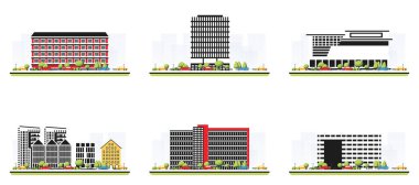 Şehir merkezi, modern bina, ağaçlar ve arabalarla dolu. İllüzyon. Şehir manzarası beyaz arka planda izole edilmiş. Şehir mimarisi. Sokak Avrupalı mimarisi.