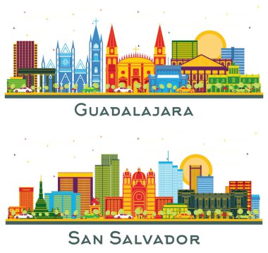 San Salvador ve Guadalajara Mexico City Skyline seti ve beyaz renkli binalar. Yer İmlerine sahip şehir manzarası.