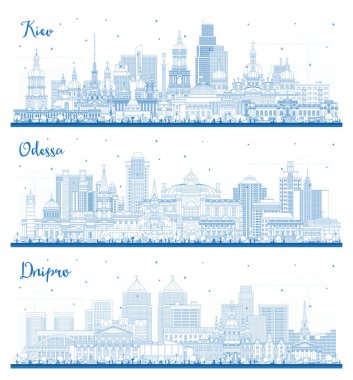 Odessa, Dnipro ve Kiev Ukrayna şehir silueti mavi binalarla çevrili. Şehir simgeleriyle dolu. Tarihi mimariyle iş seyahati ve turizm kavramı.