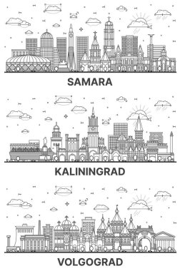 Samara, Kalininingrad ve Volgograd Rusya şehir silueti, beyaza izole edilmiş modern ve tarihi binalarla çevrili. Tarihi işaretli şehir manzarası.