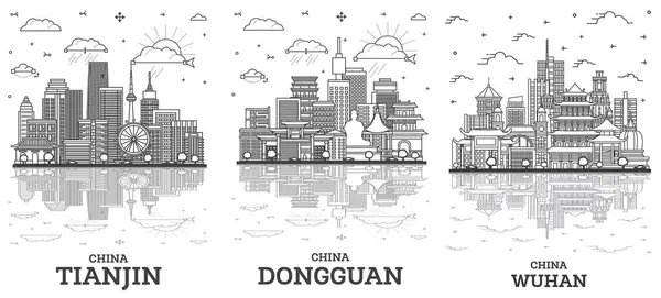 stock image Outline Dongguan, Wuhan and Tianjin China City Skyline set with Modern Buildings and reflections Isolated on White. Cityscape with Landmarks.