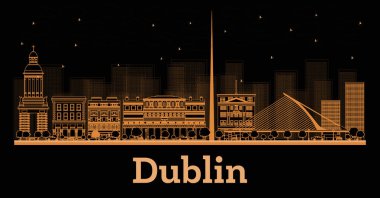 Dublin, İrlanda, Skyline ve turuncu binalar. Vektör İllüstrasyonu. Tarihi Mimariyle İş Seyahati ve Turizm Konsepti. Tarihi Simgeleri olan Dublin Şehri.