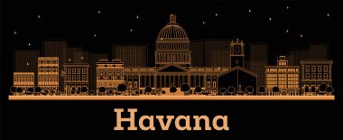 Portakallı Havana Cuba City Skyline ana hattı. Vektör İllüstrasyonu. Tarihi Mimariyle İş Seyahati ve Turizm Konsepti. Tarihi Simgelerle Havana Şehir Manzarası.