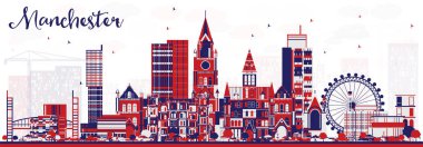 Renkli binalarla Manchester şehrinin silueti soyut. Vektör İllüstrasyonu. Modern Mimariyle İş Seyahatleri ve Turizm Konsepti. Tarihi işaretli şehir manzarası.