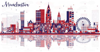 Renkli binalar ve yansımalarla soyut Manchester şehri silueti. Vektör İllüstrasyonu. Modern Mimariyle İş Seyahatleri ve Turizm Konsepti. Tarihi işaretli şehir manzarası.