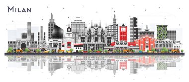 Milan Italya City Skyline Renk Binaları ve Beyaz 'a izole edilmiş yansımaları ile. Vektör İllüstrasyonu. Tarihi Mimariyle İş Seyahati ve Kavram. Tarihi Simgelere sahip Milano Şehri.