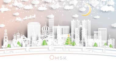 Omsk Rusya. Kar taneleri, ay ve neon çelenklerle kağıt kesiği şeklinde ufuk çizgisi. Noel ve yeni yıl konsepti. Noel Baba kızakta. Tarihi işaretli Omsk şehir manzarası.